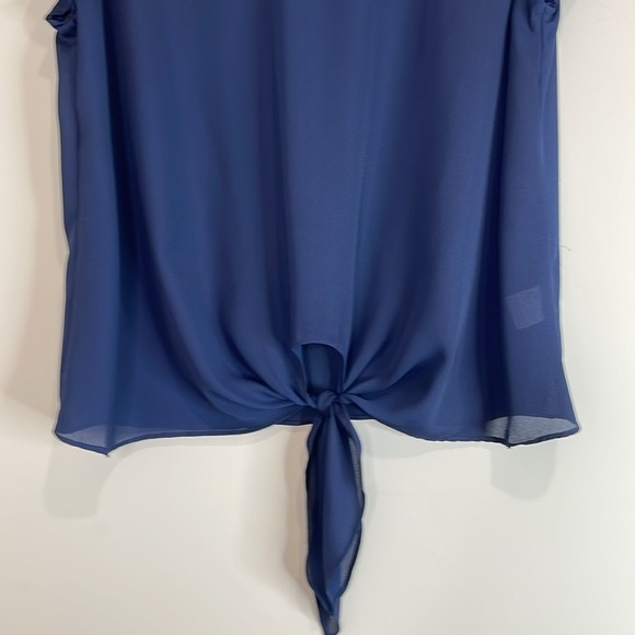 5/$25 Shein Tie Front Blouse Pearl Embellished Crossover Short Sl Semi Sheer L - Picture 4 of 11